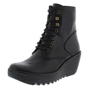 FLY LONDON Ygot Leather Black Wedge Heel Winter Ankle Boots